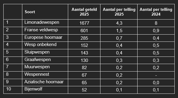 Limonadewesp weer op 1 in Nationale Wespentelling
